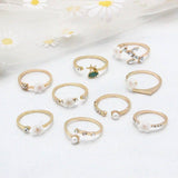 Bohemian Flower Pearl And Diamond 9-piece Ring Joint Ring-Gold-4