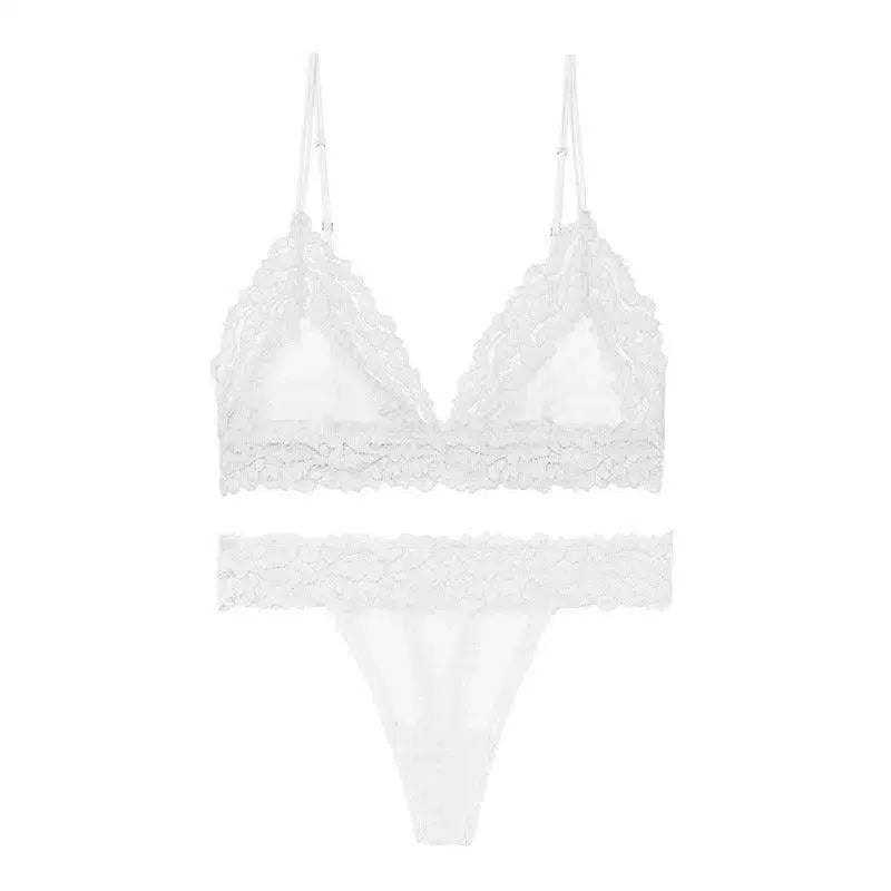 Bra-Set Brassiere Sex-Lingerie-Set Mesh Bralette Lace T-Back-White-5