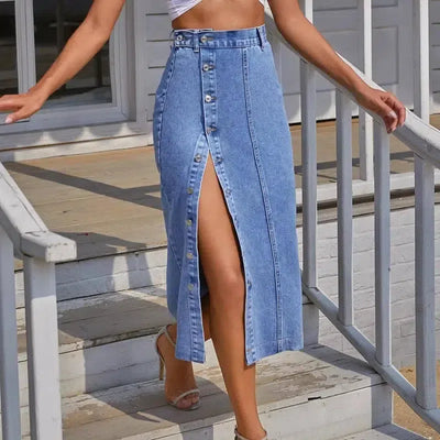 Button Irregular Slit Skirt Denim High Waist Long Skirt-Blue-8