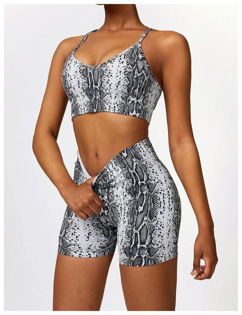 Camouflage Printing Seamless Yoga Suit Quick-drying High Waist Running Workout Clothes-Snake Gray Bra Shorts-13