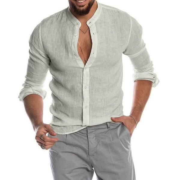 New Cardigan Stand Collar Long Sleeve Shirt Men's Clothing-Grey-2