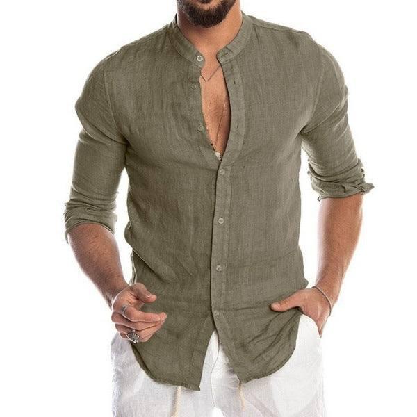 Cardigan Stand Collar Long Sleeve Shirt Men's Clothing-Army Green-6