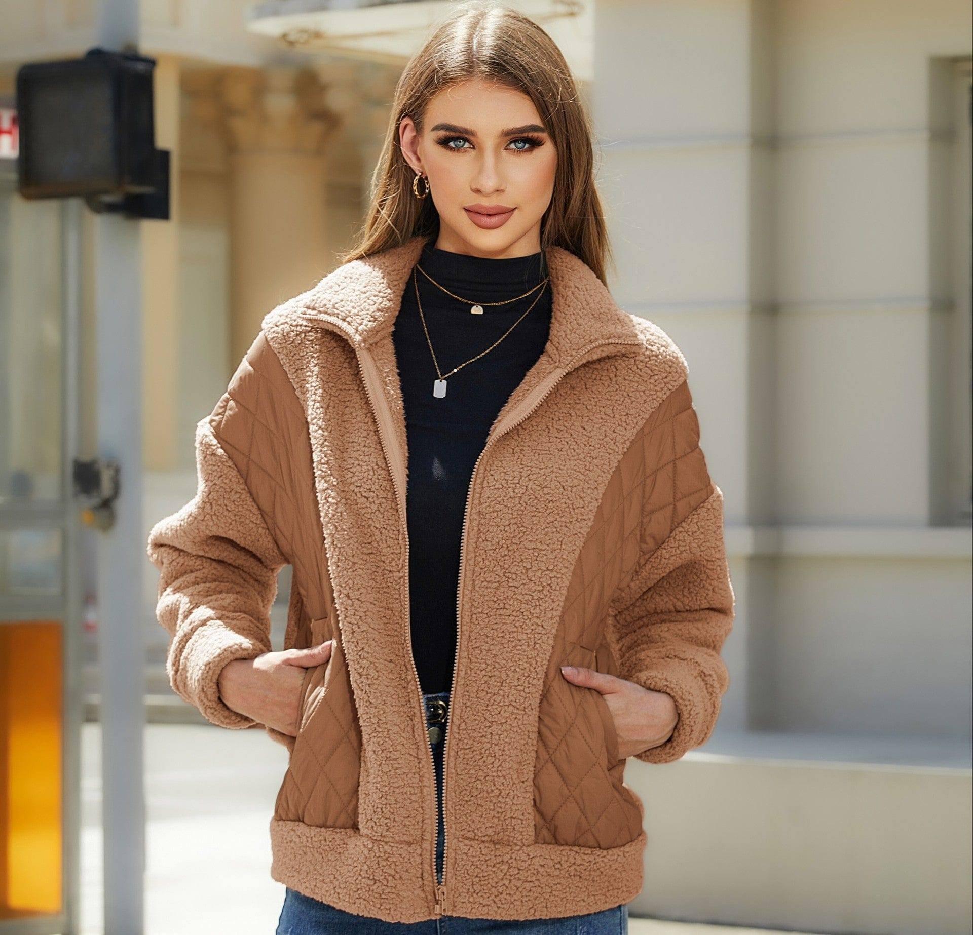 Cardigan Zipper Plush Stitching Women's Coat-Camel-2