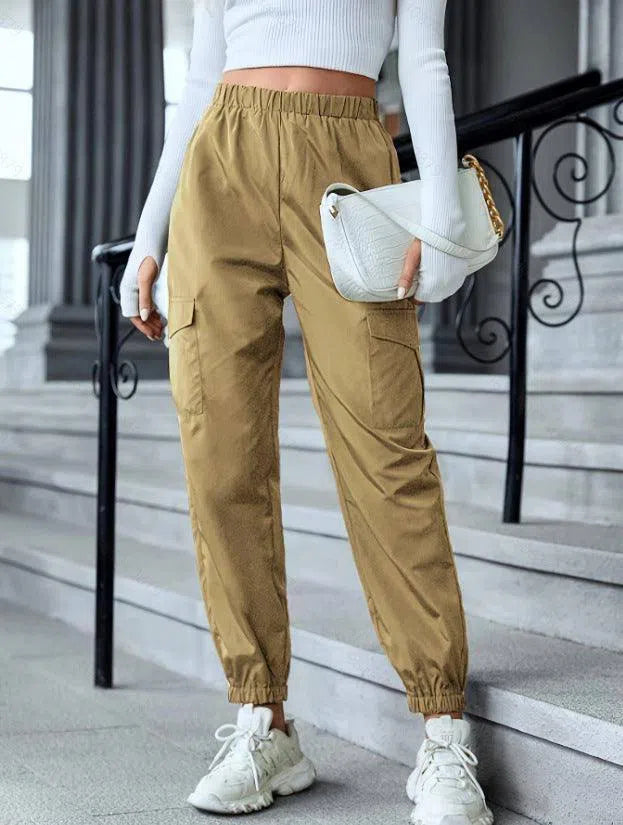 New Cargo Pants Fashion Casual Multi-pocket Elastic Waist Pencil Pants For Women-Khaki-6