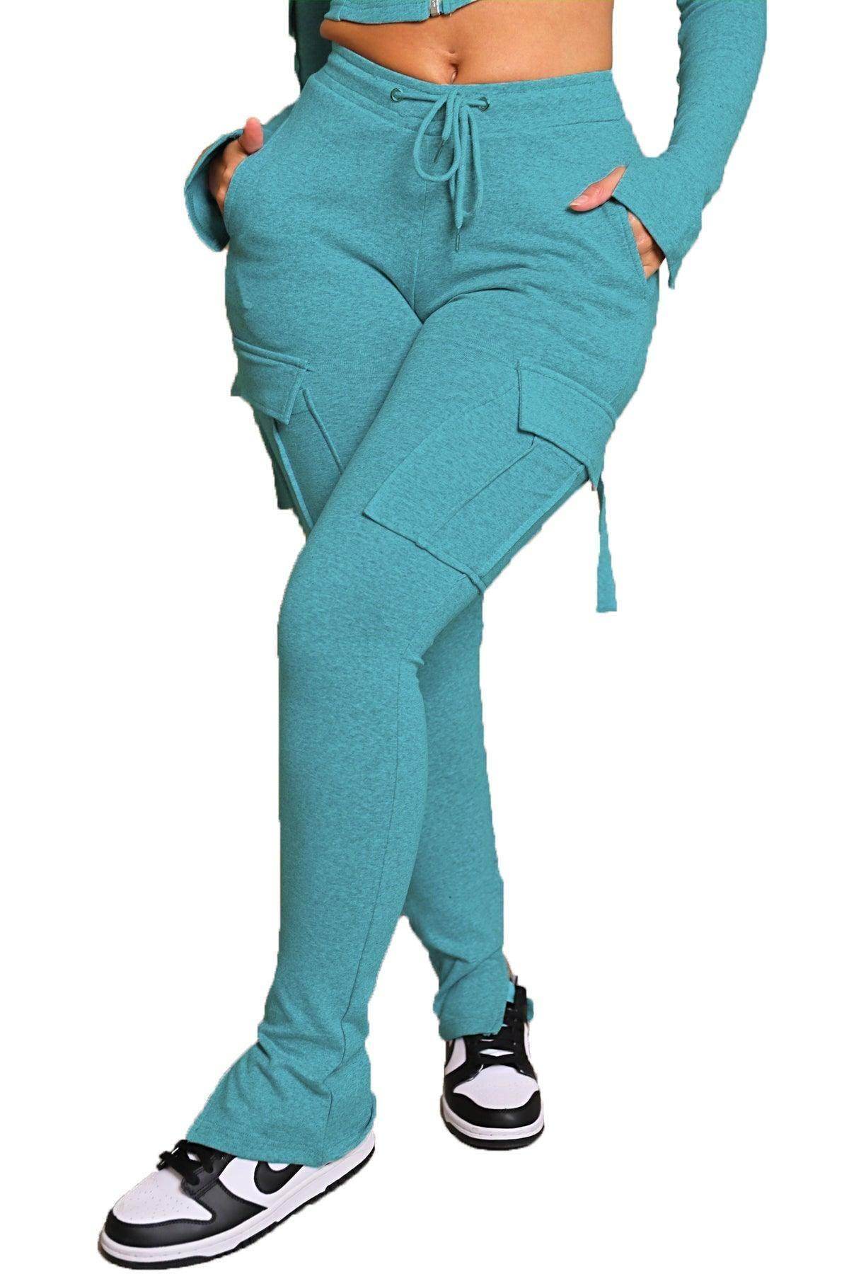 Cargo Pants With Pockets High Waist Drawstring Wide Leg-Sky Blue-11