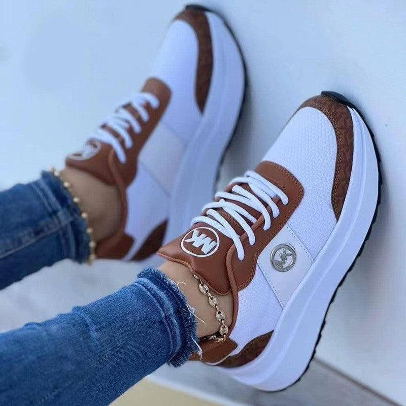 Casual Lace-up Sports Shoes Thick-soled Color-blocked Round-toe Sneakers Outdoor Casual Walking Running Shoes-Dark Brown-2