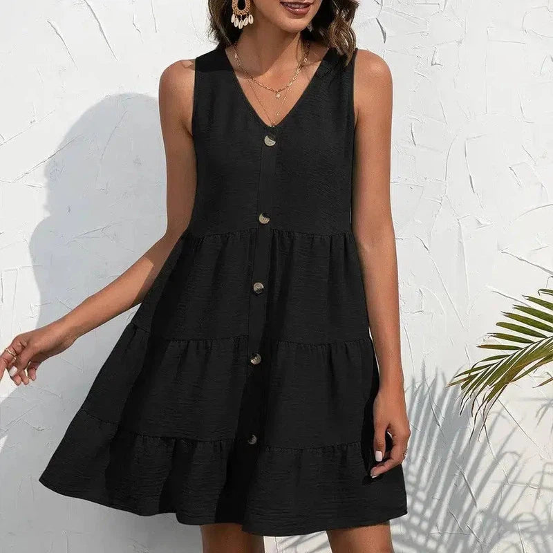 Casual V-Neck Embellished Button Sleeveless Tank Dress-Black-2