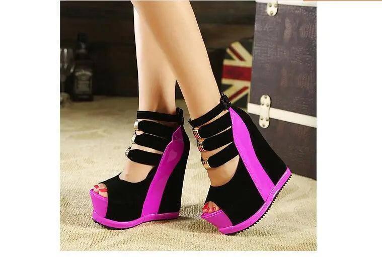 Chic Black & Pink Strappy Wedge Heels | Trendy Footwear-1