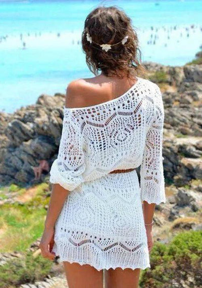 Summer Lace Crochet Beach Dress Women White Swimwear Swimsuit Cover Up Mini Dresses-1