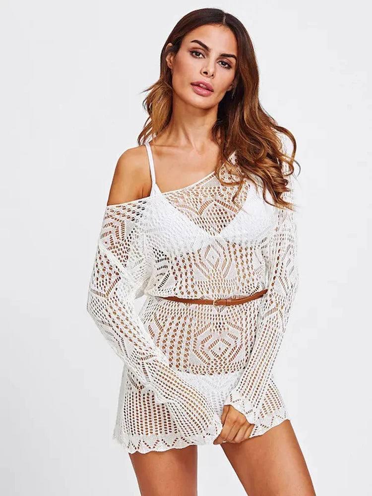 Summer Lace Crochet Beach Dress Women White Swimwear Swimsuit Cover Up Mini Dresses-3