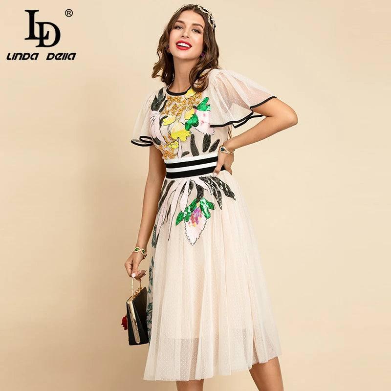 LD LINDA DELLA New 2021 Women Summer Fashion Runway Midi Dress Butterfly Sleeve Sequined Embroidery Ladies Slim A-Line Dresses-MULTI-6