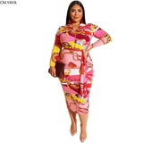 Plus size XL-5XL Autumn women fashion Print Sashes Midi dress Bodycon club night party Casual dresses vestidos GL19311-Red-5