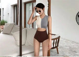 Colorblock High Waist Bare One Piece Swimsuit-Coffee-2