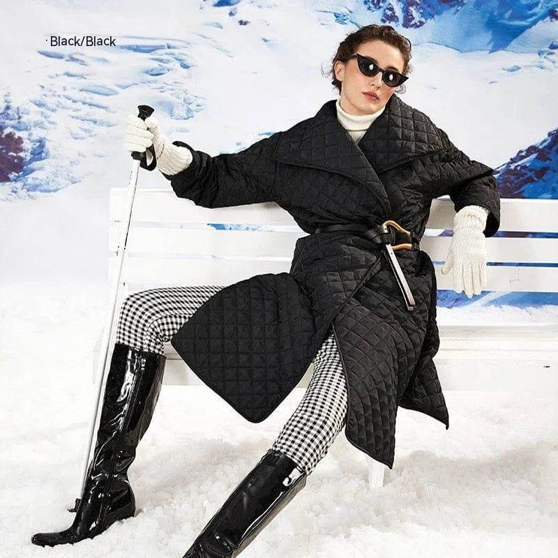 Cotton-padded Jacket Female Rhombus Plaid Loose-fitting-Black-13