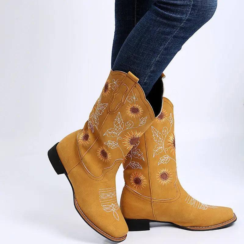 Cowboy Boots Women Sunflower Embroidery Shoes Low Heel-4