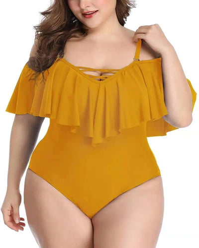 Cross Solid Color Ruffled Large Size Slim Bikini Swimsuit-Yellow-3