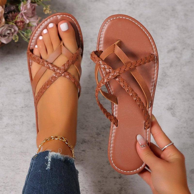 Cross-woven Design Thong Sandals Summer Flat Shoes Women-Dark Brown-1