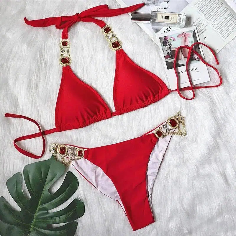 Crystal Diamond Glamour Gemstone Bikini-Red-5