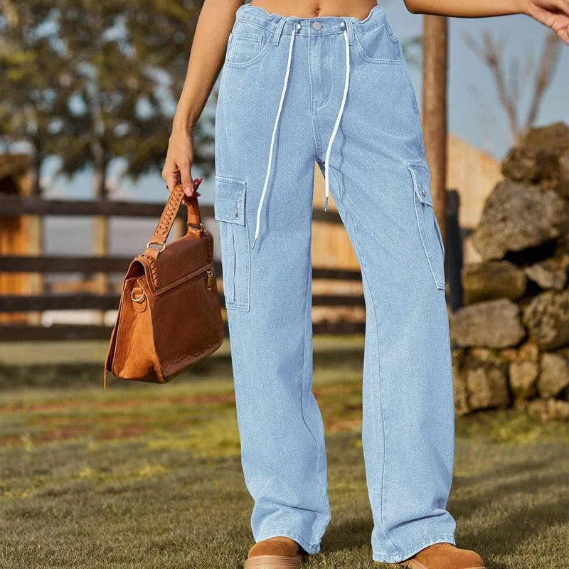 Denim Drawstring Adjustable Washed Overalls Casual Women-Light Blue-2