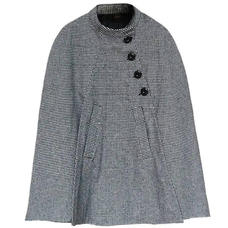 Design Wool Cape Lace-up Collar Coat-Houndstooth-3