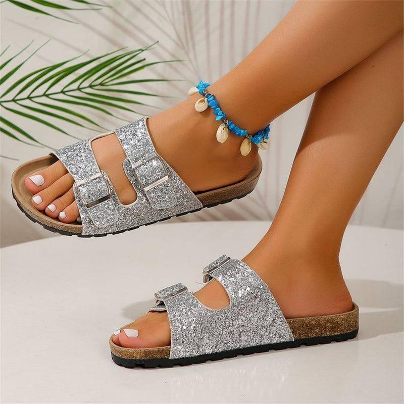 Double Buckle Sandals For Women New Fashion Sequined Beach-5