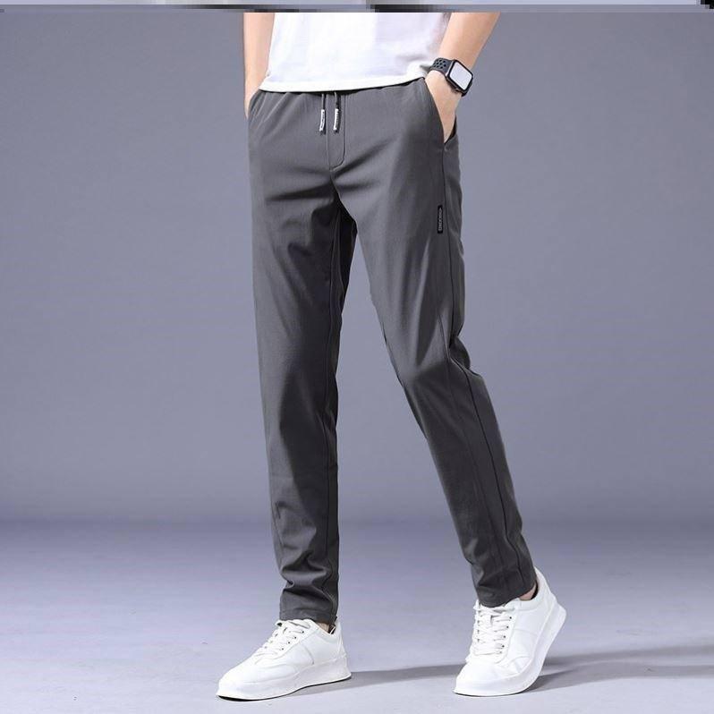 Drawstring Trousers Thin Casual Pants Korean Version Loose Straight Sweatpants Mens Clothing Black and dark gray / XL-Grey-3