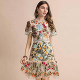 LD LINDA DELLA New 2023 Fashion Runway Summer Dress Women's Flare Sleeve Floral Embroidery Elegant Hollow Out Midi Dresses-MULTI-7