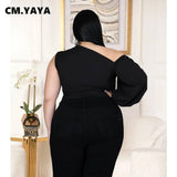 CM.YAYA Plus Size XL-5XL One Shoulder Sleeve Skew Neck Blouses and Shirt Tops-3