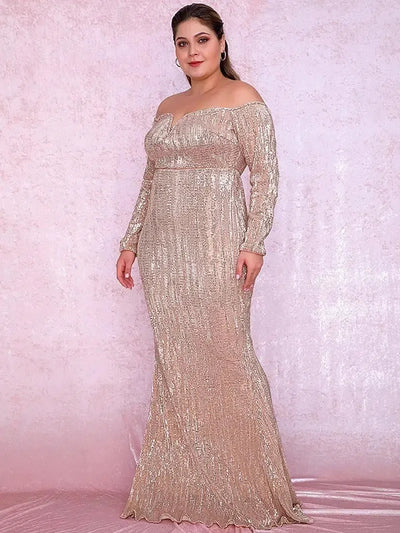 LOVE&LEMONADE Plus Size Rose Gold Deep V-Neck Off-The-Shoulder Bodycon Elastic Sequins Maxi Dress LM80273PLUS-4