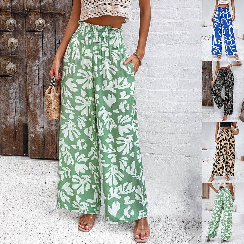 Elegant Printed Trousers Summer Loose Elastic High Waist Green / XL-1