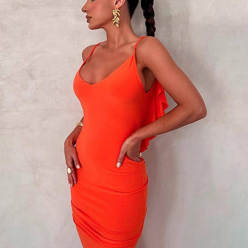 Elegant Spliced Wooden Ear Edge Long Dress-Orange-2