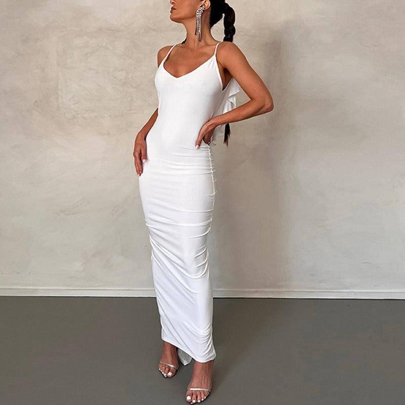 Elegant Spliced Wooden Ear Edge Long Dress-white-9