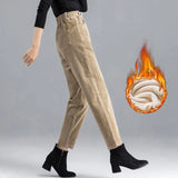 Elegant Striped Pants Tapered Corduroy Women-Khaki With Velvet Lining-6