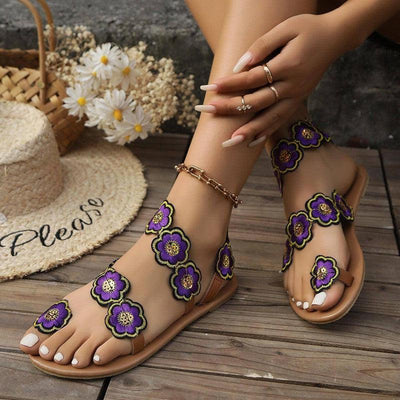 Ethnic Style Flowers Flat Sandals Summer Vacation Casual-6