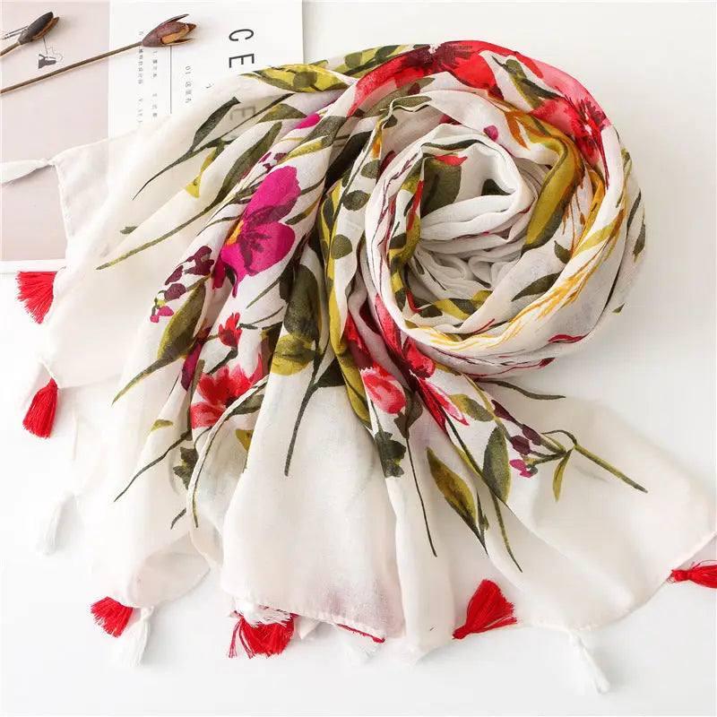 Ethnic Vintage Floral Cotton And Linen Fringe Scarf-1