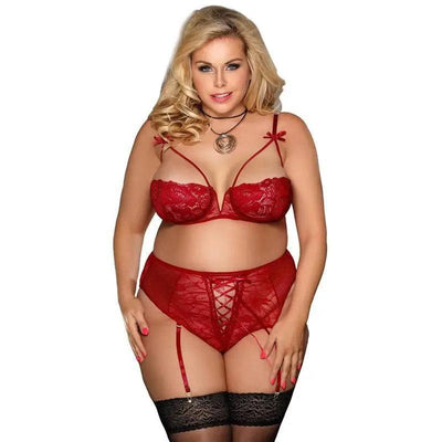 European And American Plus Size Lingerie Lace Suit-Red-2