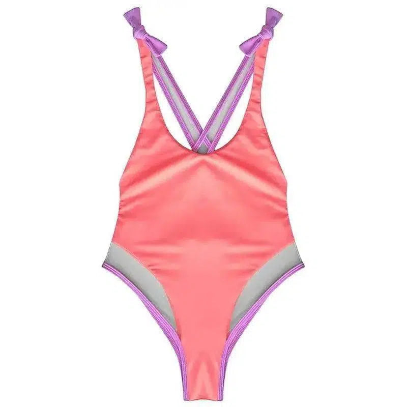 European And American Stitching One Piece Bikini Swimsuit-Pink-3