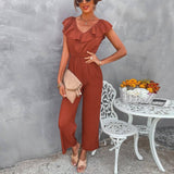 European And American Women's Solid Color Open Back Jumpsuit-Brickred-2