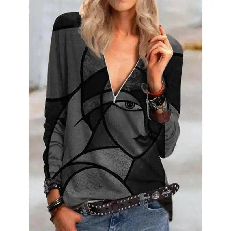 Face Print Pattern Long-sleeved Zipper T-shirt For-Grey-2