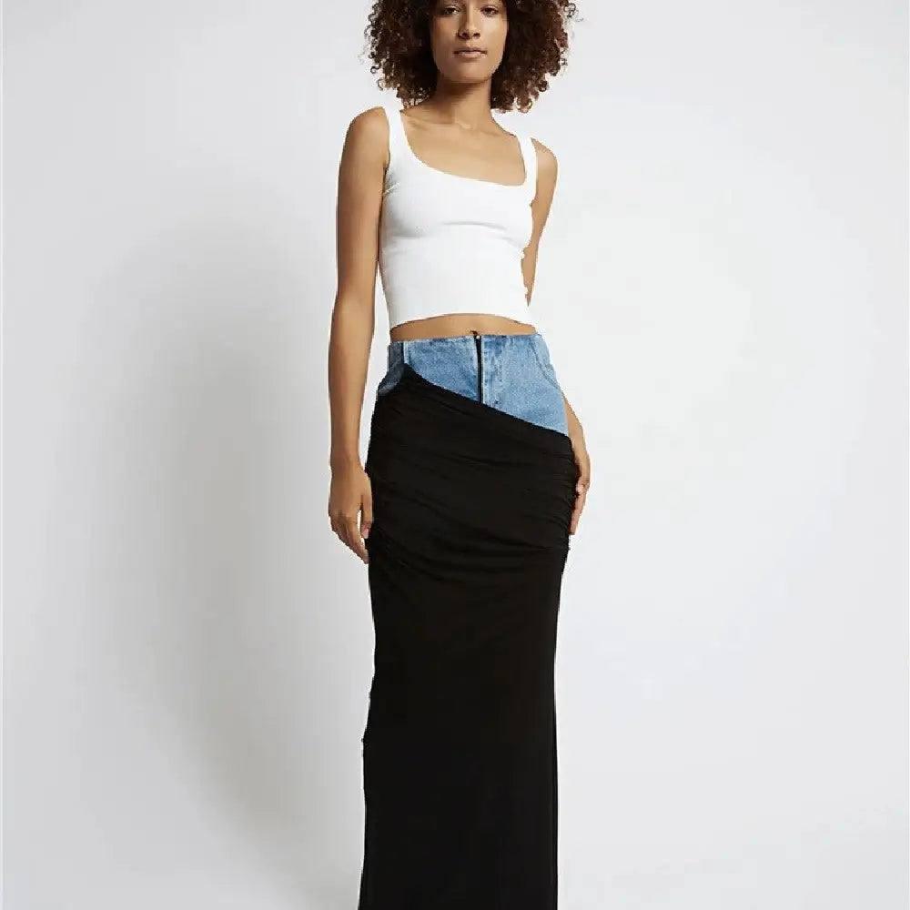 Fashion Black Panel Denim Skirt-5