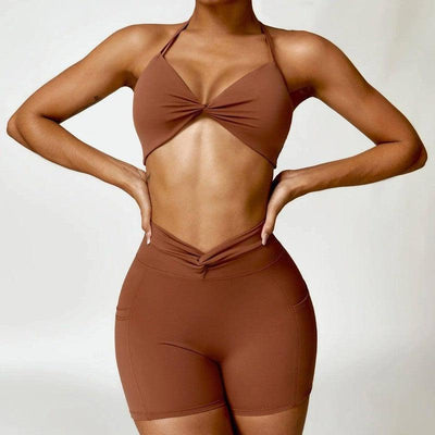 Fashion Camisole Yoga Suit Women Quick-drying Beauty Back Fitness Sports Clothes-Sugar Brown short Set-11