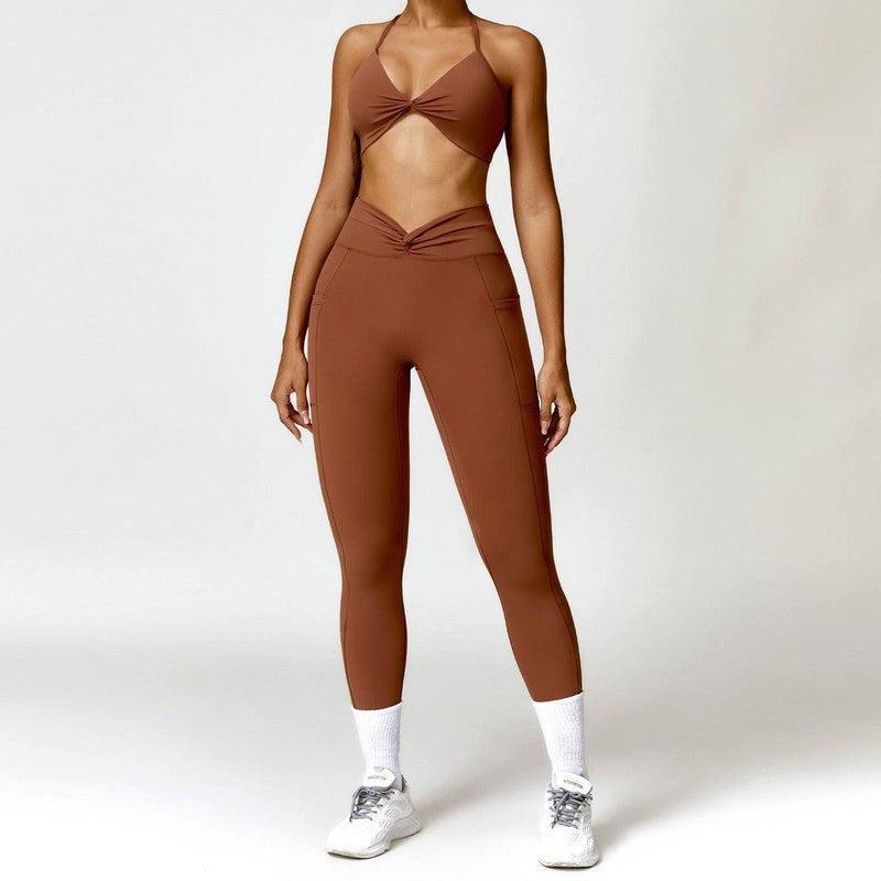 Fashion Camisole Yoga Suit Women Quick-drying Beauty Back Fitness Sports Clothes-Sugar Brown Suit-4