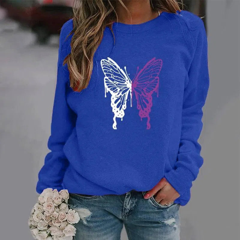 Fashion Colorized Butterfly Round Neck Sweater Printed-Blue-8