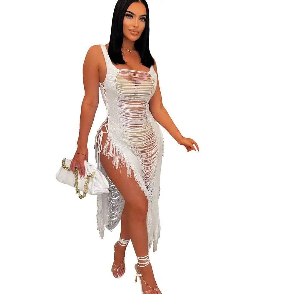 Fashion Holiday Style Smock Fringed Dress-White-3