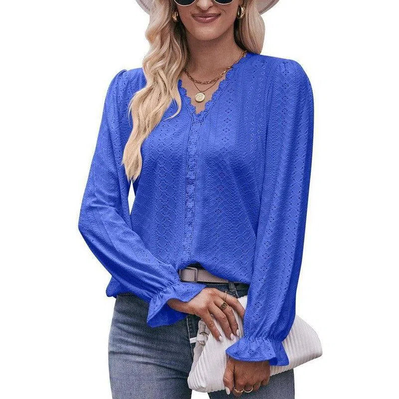 Fashion Lace V-neck Long Sleeve Top-Royal Blue-15