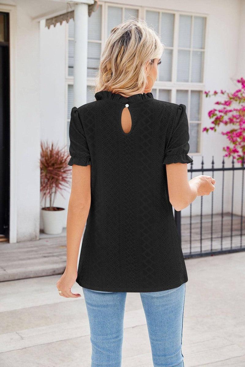 New Fashion Lacework Round Neck Top Summer Puff Sleeves Hollow Design Loose Pleated T-shirt For Womens Clothing-3