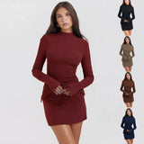 Fashion Long Sleeve Dress With Two Pockets Slim Bodycon Hip Short Dress For Women-1