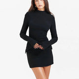 Fashion Long Sleeve Dress With Two Pockets Slim Bodycon Hip Short Dress For Women-Black-3