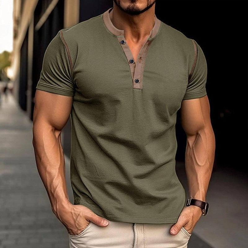 Fashion Short-sleeved Polo Shirt Summer Button V-neck Black / 2XL-Army Green-7