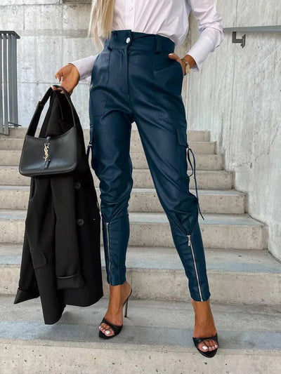 Fashion Slim-fitting Leather Trousers Women Waist-cinching Zipper Design Pants With Pockets-Blue-4